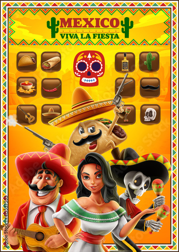 illustration with mexican cartoon characters and icon set