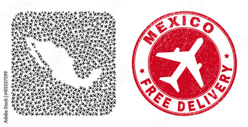 Vector collage Mexico map of aviation items and grunge Free Delivery stamp. Collage geographic Mexico map designed as stencil from rounded square shape with moving out airliners.