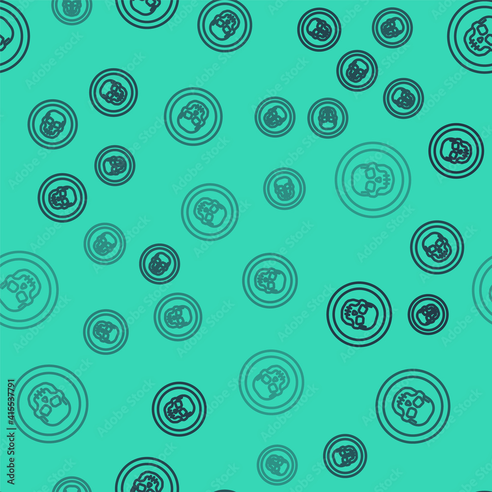 Black line Mexican skull coin icon isolated seamless pattern on green background. Vector.