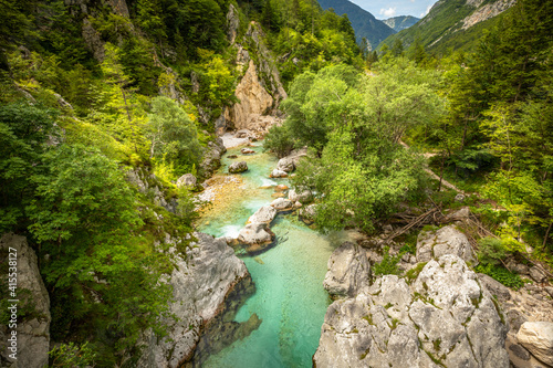 Canvas Print Long exposure of a vivid turquoise Soca river valley near Bovec in Triglav National Park, Julian Alps, Slovenia Europe
