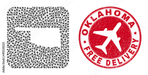 Vector collage Oklahoma State map of aircraft items and grunge Free Delivery badge.