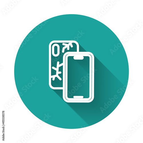 White line Smartphone with broken screen icon isolated with long shadow background. Shattered phone screen icon. Green circle button. Vector.