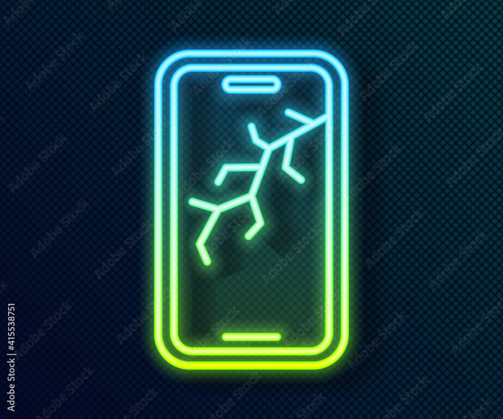 Glowing neon line Smartphone with broken screen icon isolated on black background. Shattered phone screen icon. Vector. Glowing neon line Smartphone with broken screen icon isolated on black background. Shattered phone screen icon. Vector.