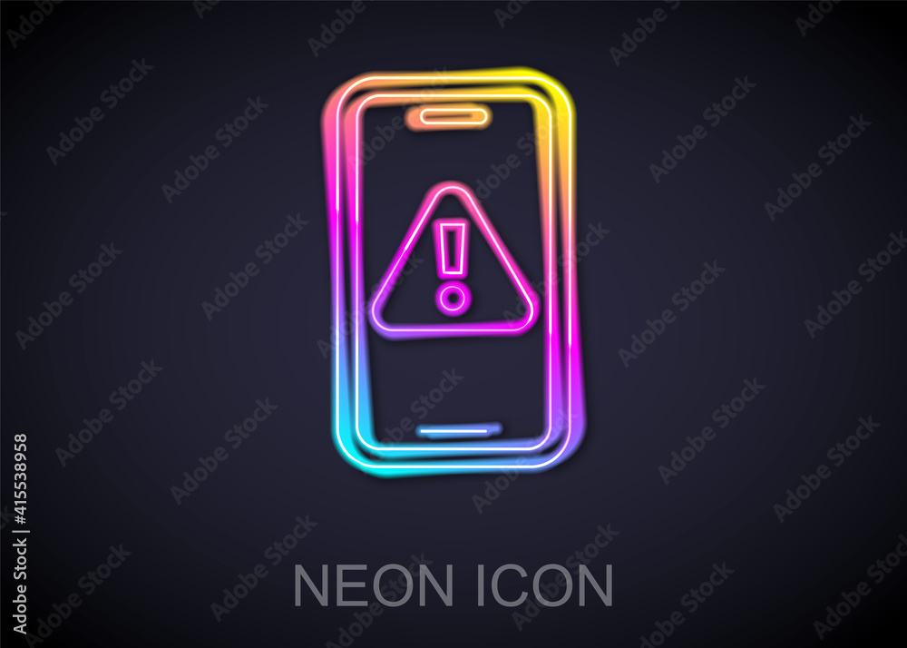 Glowing neon line Mobile phone with exclamation mark icon isolated on black background. Alert message smartphone notification. Vector. Glowing neon line Mobile phone with exclamation mark icon isolated on black background. Alert message smartphone notification. Vector.