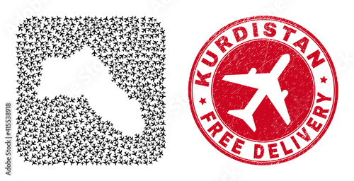 Foto Vector mosaic Kurdistan map of aircraft elements and grunge Free Delivery seal