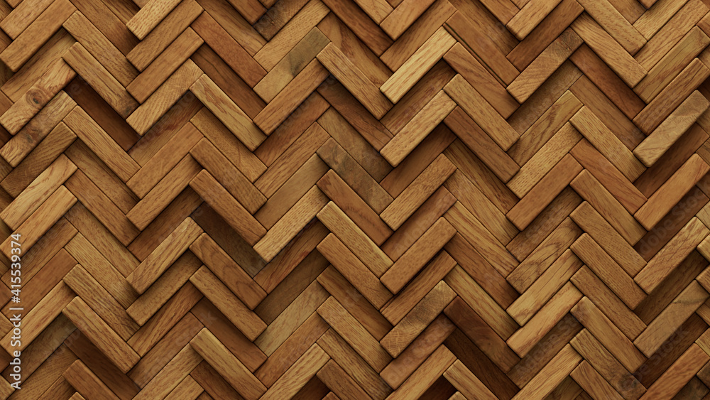 Wood Block Wall background. Mosaic Wallpaper with Light and Dark Timber Herringbone tile pattern. 3D Render Wood Block Wall background. Mosaic Wallpaper with Light and Dark Timber Herringbone tile pattern. 3D Render