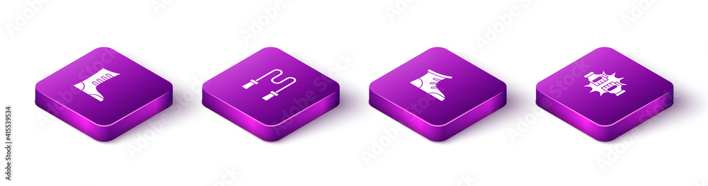 Set Isometric Sport boxing shoes, Jump rope, and Punch gloves icon. Vector. Set Isometric Sport boxing shoes, Jump rope, and Punch gloves icon. Vector.