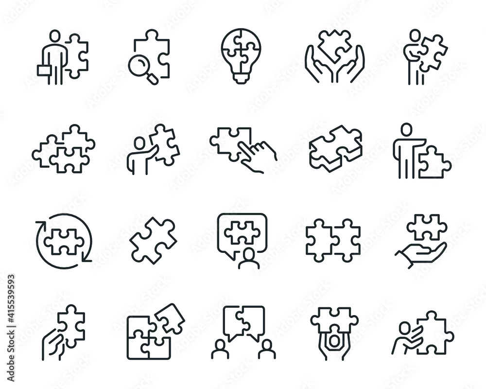 Vecteur Stock Puzzles with Business People Icons Set. Collection of simple  linear web icons such as Hand with a Puzzle, Bulb in the form of a puzzle,  Assemble and Unite Puzzle, Dialogue