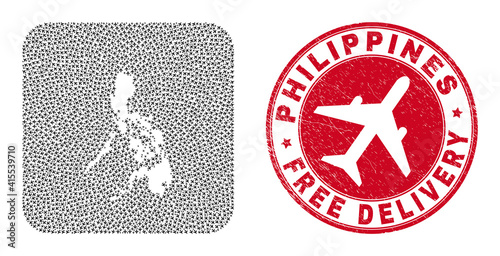 Vector collage Philippines map of airliner elements and grunge Free Delivery stamp. Mosaic geographic Philippines map created as hole from rounded square with departing air force symbols.