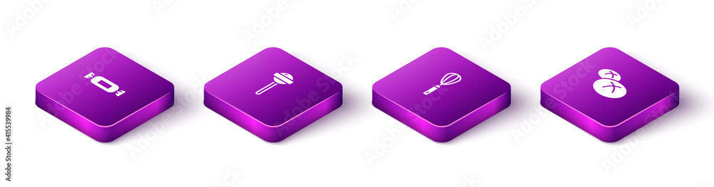 Set Isometric Candy, Lollipop, Kitchen whisk and Bread loaf icon. Vector. Set Isometric Candy, Lollipop, Kitchen whisk and Bread loaf icon. Vector.
