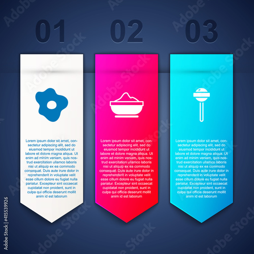 Set Scrambled eggs, Flour bowl and Lollipop. Business infographic template. Vector.