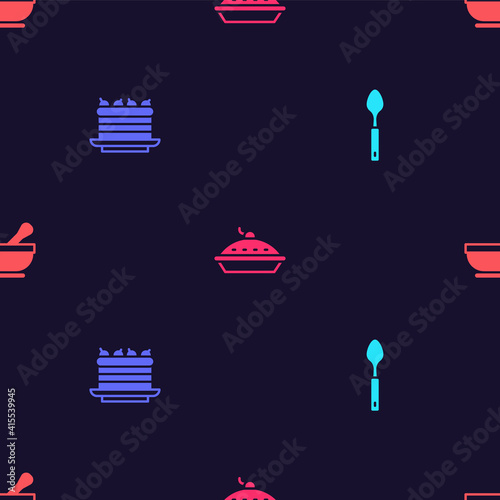 Set Spoon, Cake, Homemade pie and Mortar and pestle on seamless pattern. Vector.