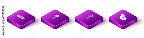Set Isometric Candy, Lollipop, Kitchen whisk and Bread loaf icon. Vector.