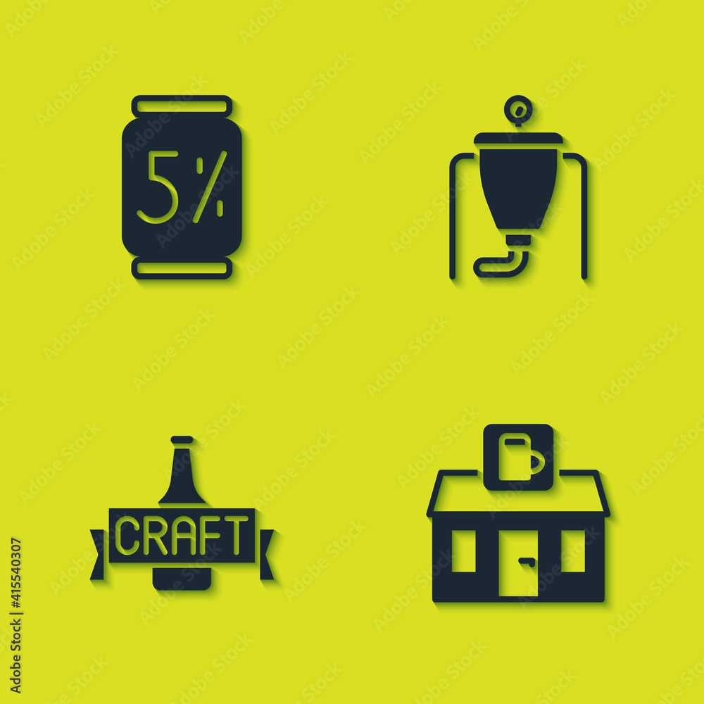 Set Beer can, Store building of beer shop, bottle and brewing process icon. Vector. Set Beer can, Store building of beer shop, bottle and brewing process icon. Vector.