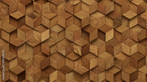 Wood Block Wall background. Mosaic Wallpaper with Light and Dark Timber Diamond tile pattern. 3D Render 