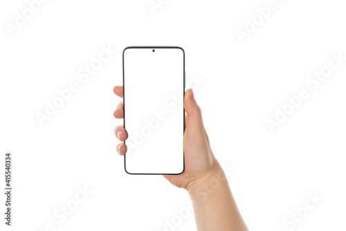 Close up cropped view photo picture of woman's hand holding showing blank empty screen of her smart telephone isolated white color backdrop