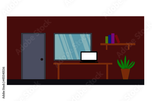Flat elevation furniture interior room door, window, notebook on table, bookshelf tree pod, inside home or house, illustration vector