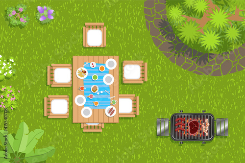 BBQ in the garden top view.
Barbecue, table, chairs, dishes, grass, track, flowers. (view from above) 