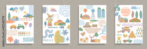 Set of covers. Hand drawn various shapes and rural elements. Abstract contemporary modern trendy vector illustrations.  Various shapes, doodle objects, farm items.