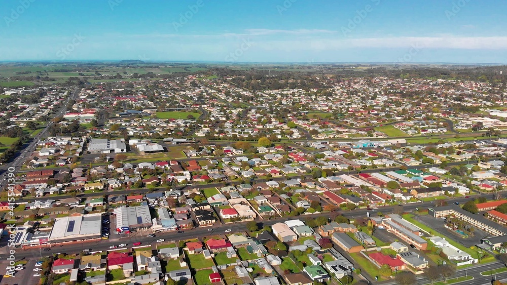 Mt Gambier, Australia. Panoramic aerial view of city skyline and countryside on a sunny spring day