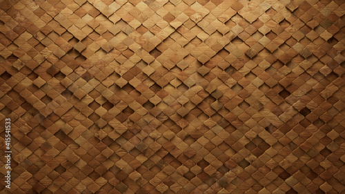 Wood Block Wall background. Mosaic Wallpaper with Light and Dark Timber Arabesque tile pattern. 3D Render 