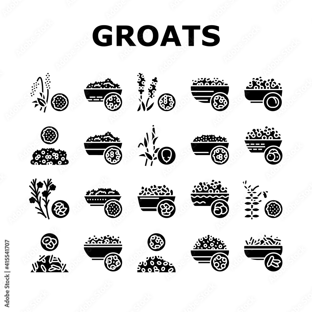 Groats Natural Food Collection Icons Set Vector. Amaranth And Artek, Rice And Corn, Beans And Couscous, Peas And Quinoa Groats Glyph Pictograms Black Illustrations