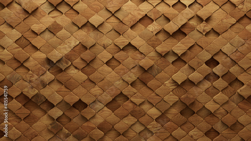 Wood Block Wall background. Mosaic Wallpaper with Light and Dark Timber Arabesque tile pattern. 3D Render 