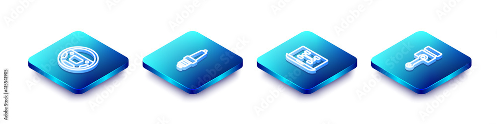Set Isometric line Steering wheel, Car spark plug, Diagnostics condition of car and Engine piston icon. Vector. Set Isometric line Steering wheel, Car spark plug, Diagnostics condition of car and Engine piston icon. Vector.
