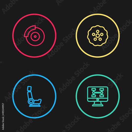 Set line Car seat, Diagnostics condition of car, Gear and brake disk with caliper icon. Vector. © vector_v
