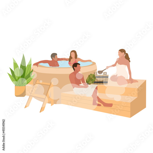 Sauna concept, people resting in bathhouse, pool and wooden bench