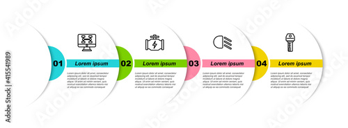 Set line Diagnostics condition of car, Check engine, High beam and Car key with remote. Business infographic template. Vector.