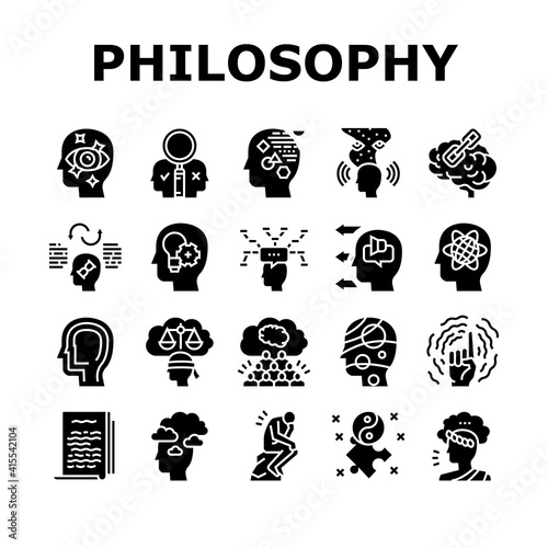Philosophy Science Collection Icons Set Vector. Social Philosophy And Logic, Aesthetics And Ethics, Metaphilosophy And Epistemology Glyph Pictograms Black Illustrations