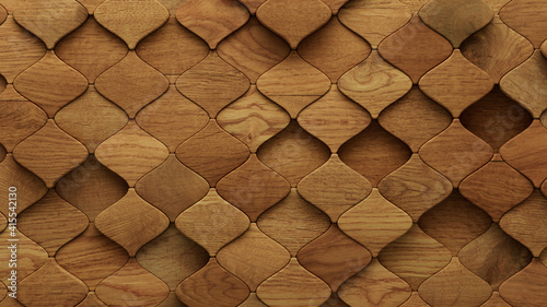 Wood Block Wall background. Mosaic Wallpaper with Light and Dark Timber Arabesque tile pattern. 3D Render  photo