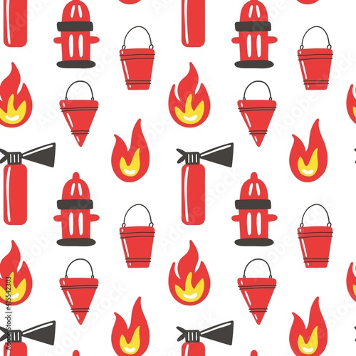 Firefighter seamless pattern. Fire hydrant and hose. Hand drawn cartoon scandinavian childish doodle collection. Decor textile wrapping paper wallpaper vector print or fabric
