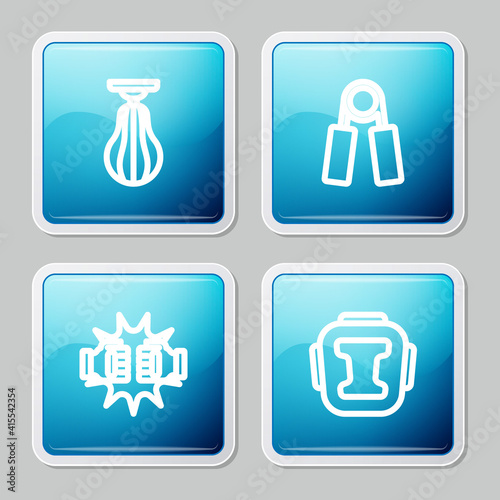 Set line Punching bag  Sport expander  boxing gloves and Boxing helmet icon. Vector.