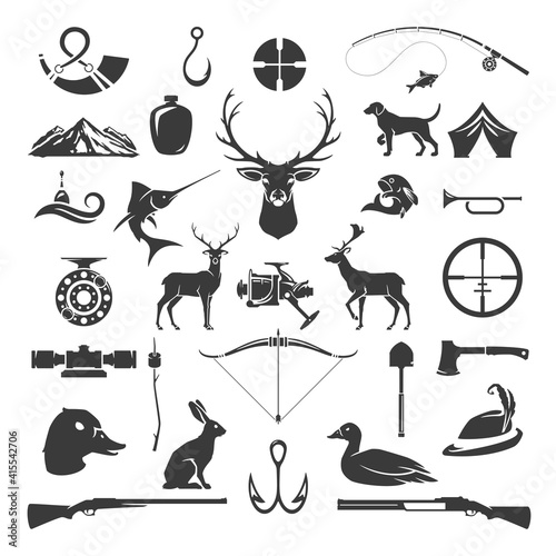Set of hunting and fishing objects vector design elements vintage style