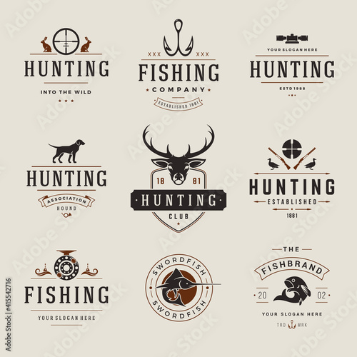 Set of hunting and fishing labels, badges, logos vector design elements vintage style.