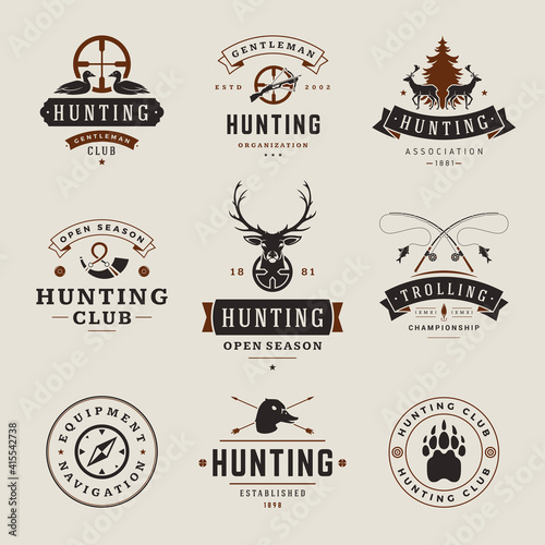 Set of hunting and fishing labels, badges, logos vector design elements vintage style.