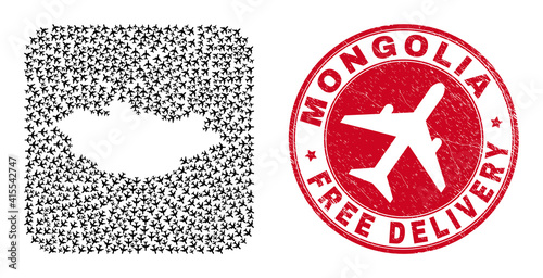 Vector mosaic Mongolia map of airliner elements and grunge Free Delivery stamp. Collage geographic Mongolia map constructed as subtraction from rounded square using moving out aviation items.