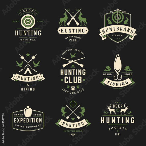 Set of hunting and fishing labels, badges, logos vector design elements vintage style.