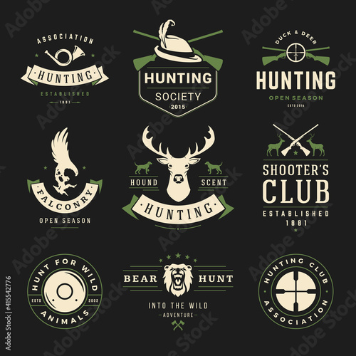 Set of hunting and fishing labels, badges, logos vector design elements vintage style.