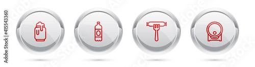 Set line Beer can with foam, Plastic beer bottle, Sausage on the fork and Wooden barrel rack. Silver circle button. Vector.