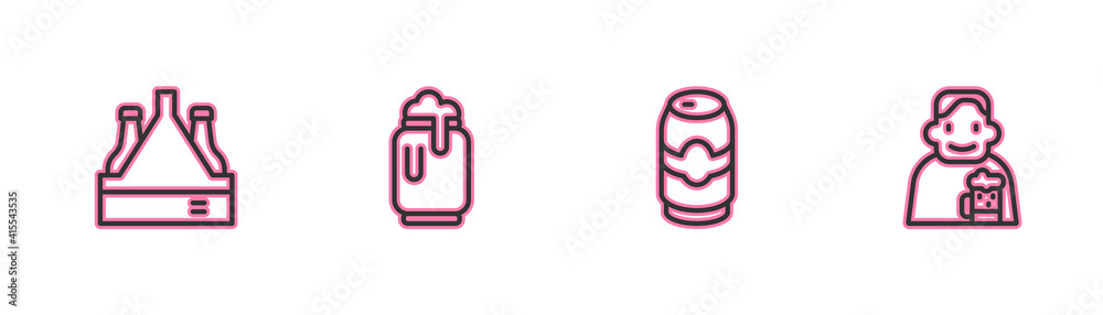 Set line Pack of beer bottles, Beer can, with foam and Happy man icon. Vector. Set line Pack of beer bottles, Beer can, with foam and Happy man icon. Vector.