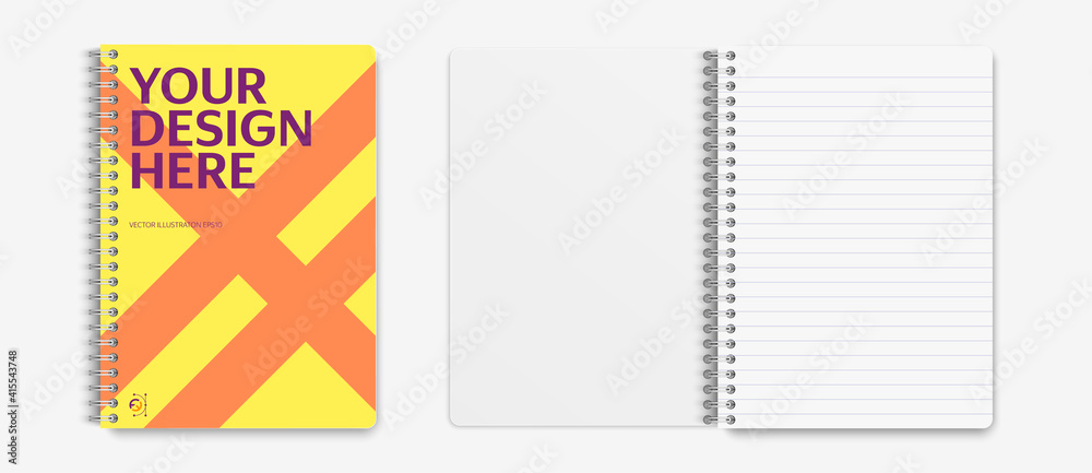 Realistic notebook mockup, notebook mockup cover and striped sheet for your design. Realistic notebook with shadows isolated on light background. Vector illustration EPS10.