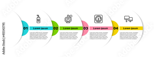 Set line Cream or lotion cosmetic tube, Aftershave, Sauna thermometer and wood bench. Business infographic template. Vector.