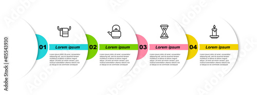 Set line Towel on a hanger, Kettle with handle, Sauna hourglass and Aroma candle. Business infographic template. Vector.