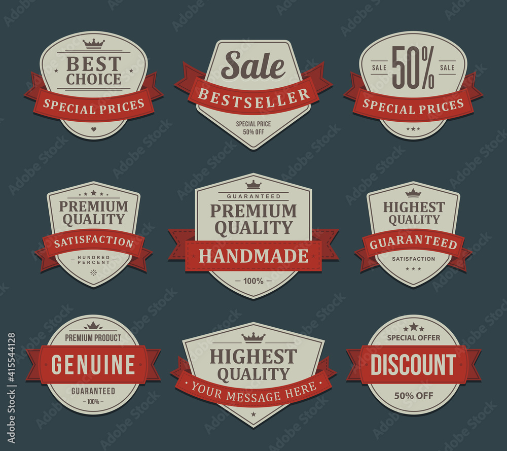Vintage promotional products vector labels. Crumpled stickers faded old ...