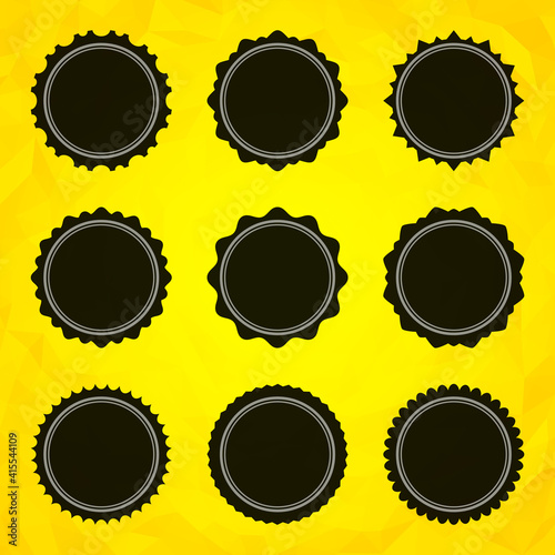 Empty scalloped stamps vector stickers. Vintage business black imprints names companies and firms with ornaments.
