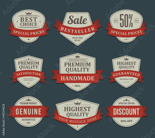 Vintage promotional products vector labels. Crumpled stickers faded old paper in red ribbon ornament.