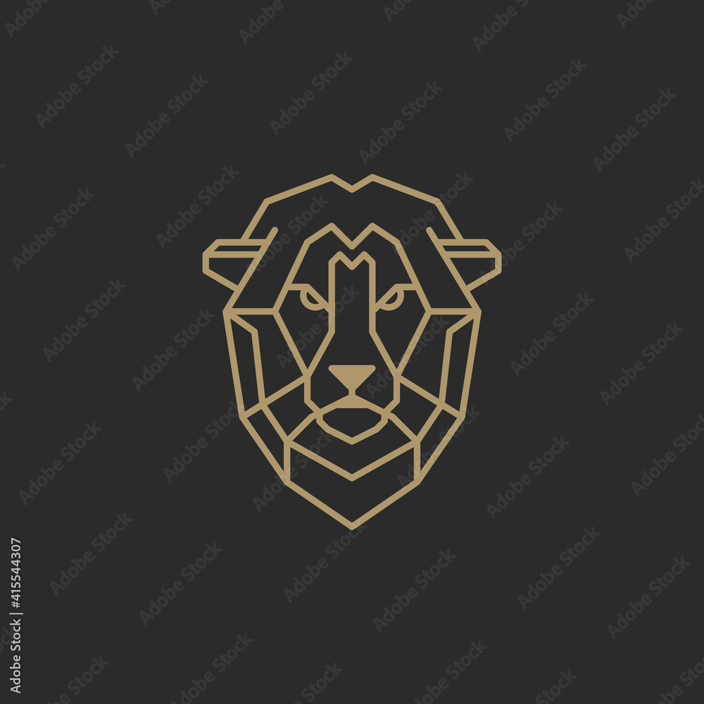Pensive lion head vector logo. Yellow linear king of jungle with abstract harsh geometric. Pensive lion head vector logo. Yellow linear king of jungle with abstract harsh geometric.